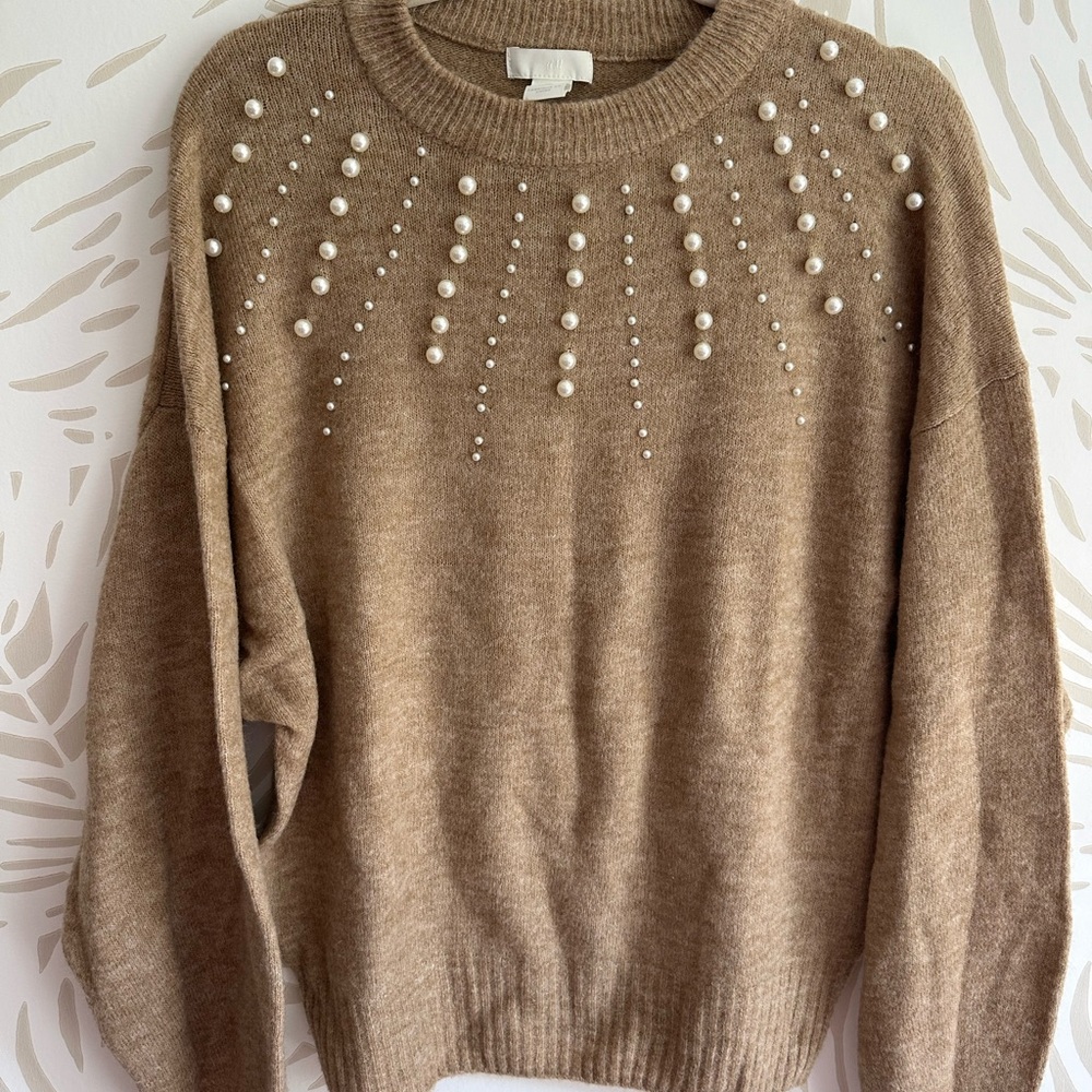 H&M Tan Crew Neck Sweater with Pearl Embellishments